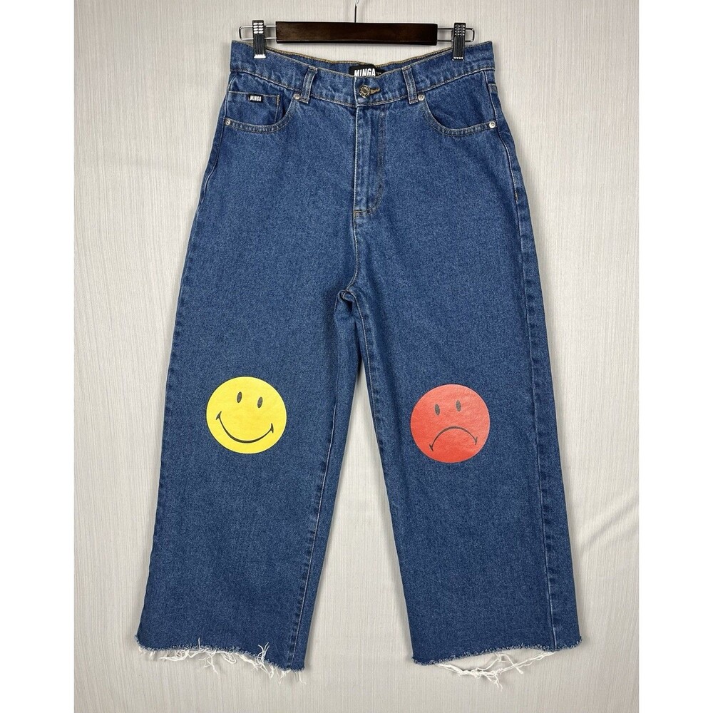 Y2K Emoji Smiley‎ Frowney Knee Detail High Rise Jeans Raw Hem Minga US 8